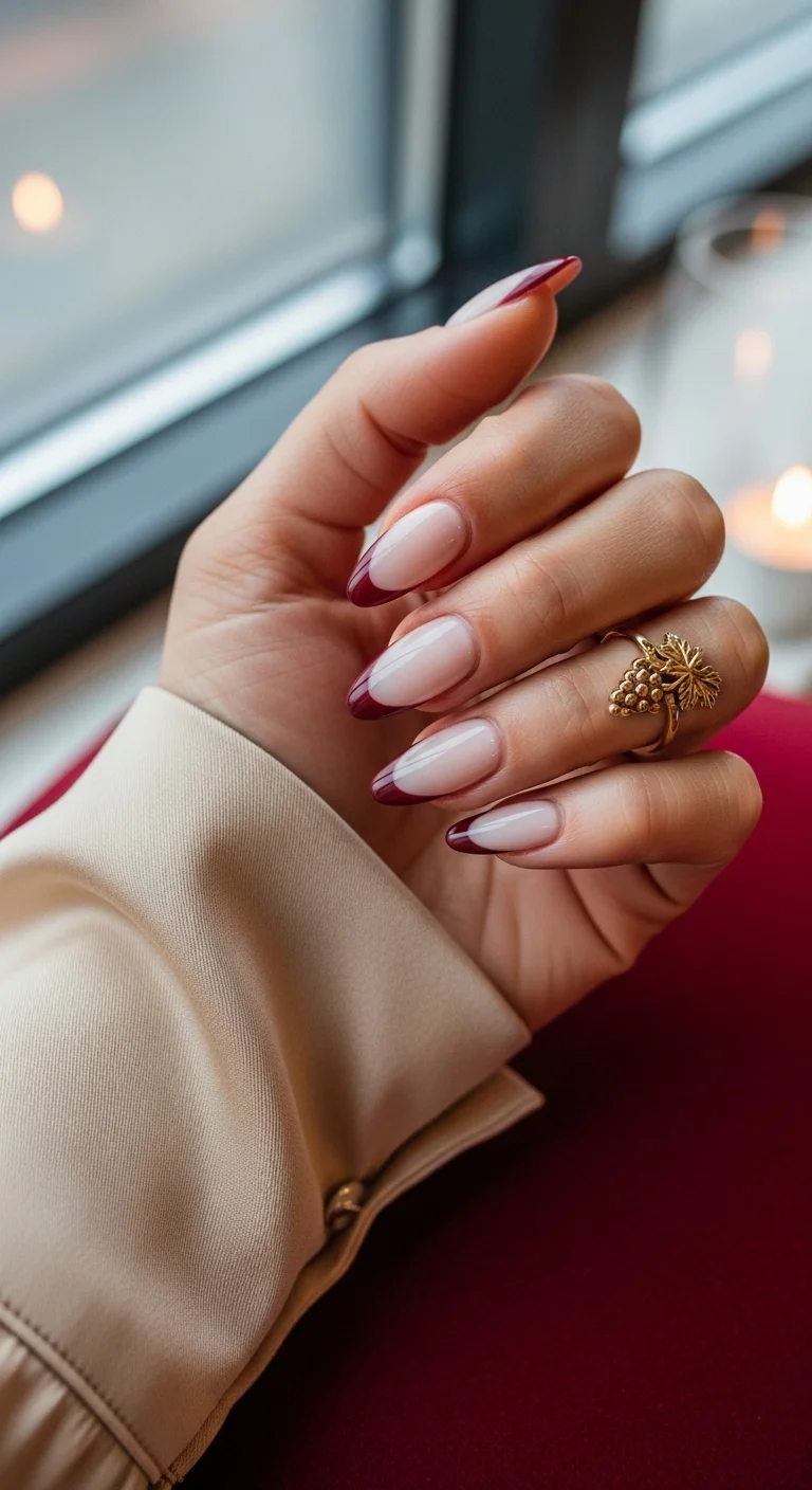 Almond nails with deep burgundy 'merlot' French tips.