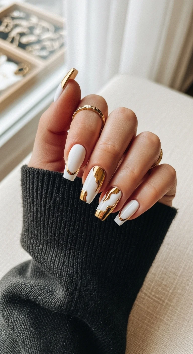 Long square white nails with 3D liquid gold accents.