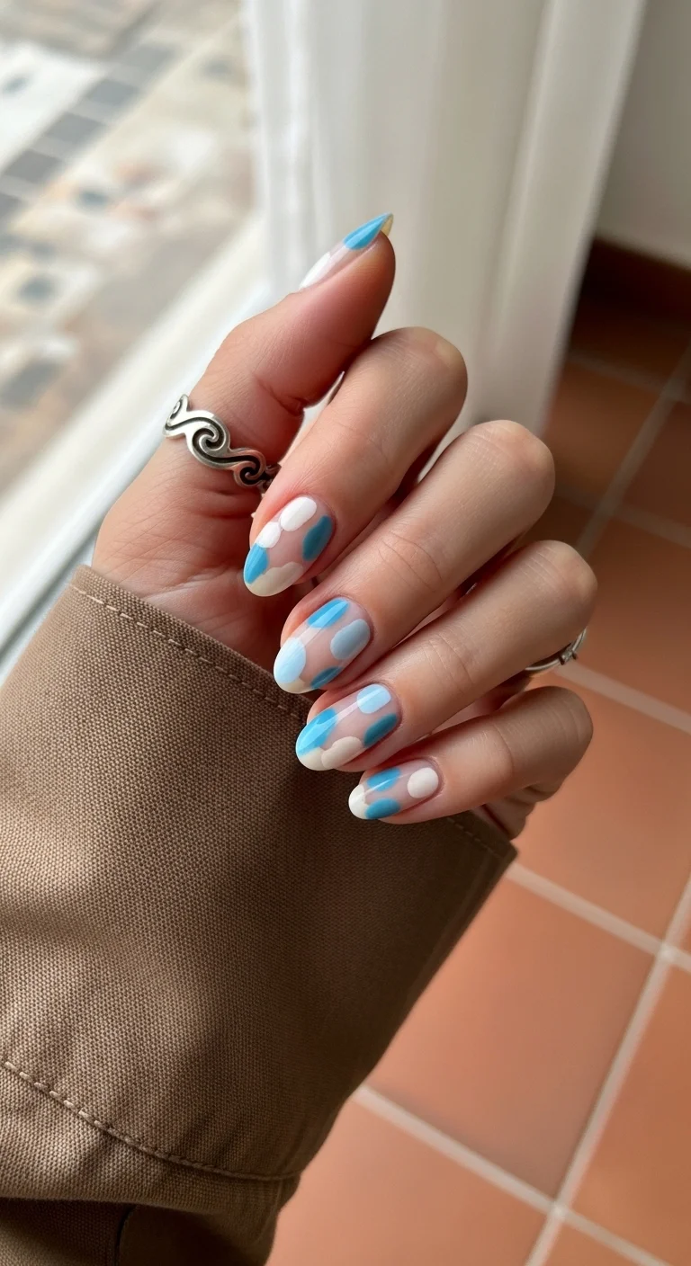 Almond nails with clear base and blue/white abstract blobs.