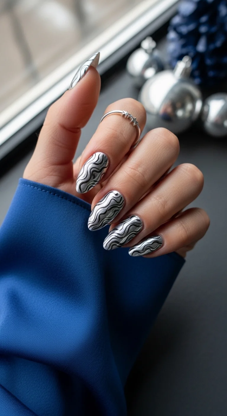 Almond nails with silver chrome base and black swirly lines.
