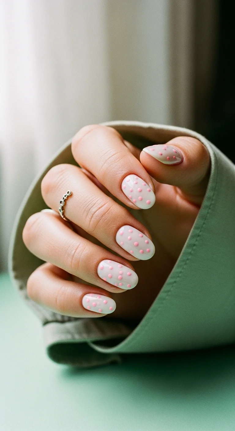 Almond nails with milky white base and pink polka dots.