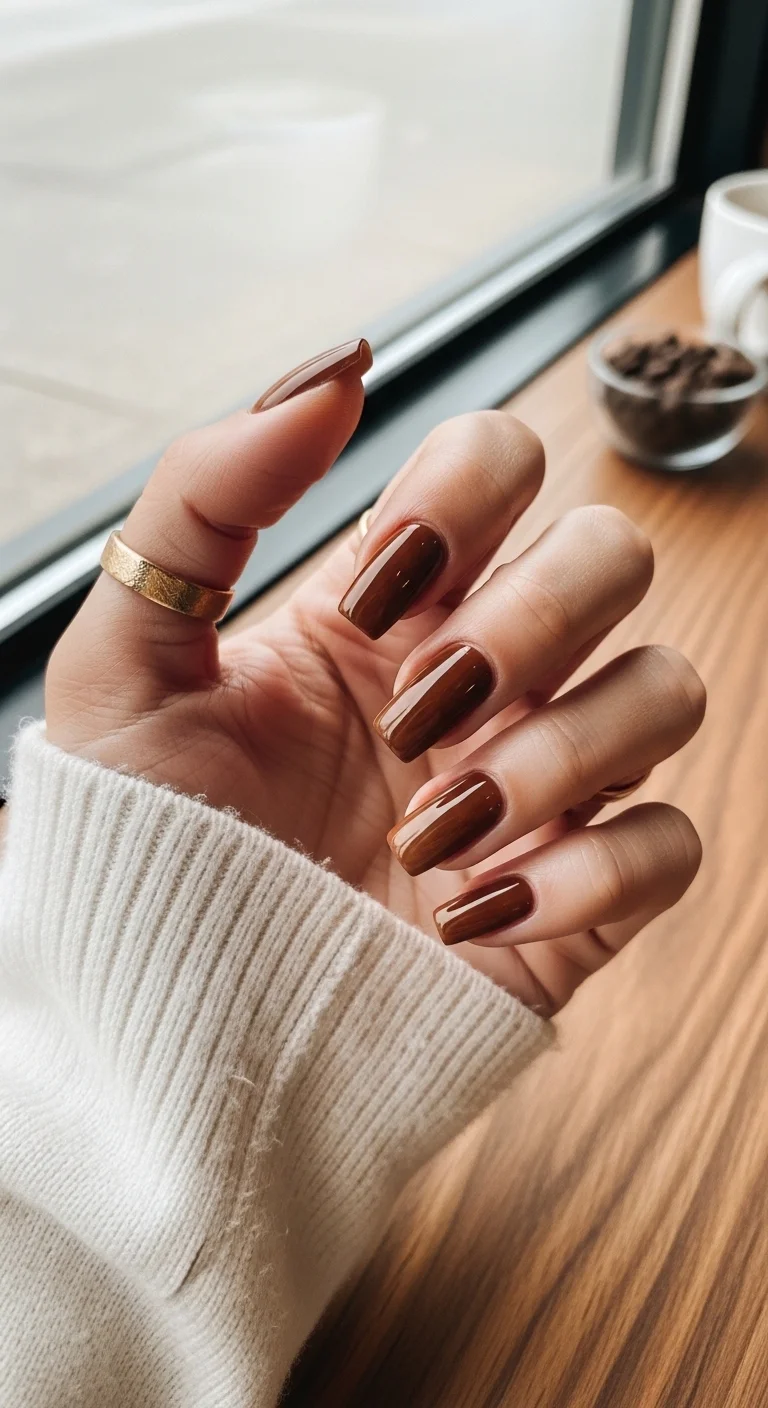 Solid chocolate brown long square nails.