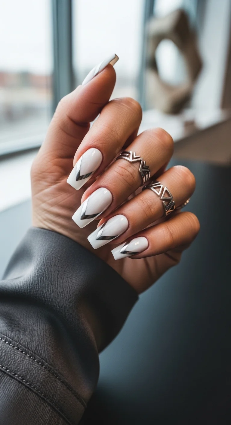 Long square white nails with silver chrome 'V' shaped tips.