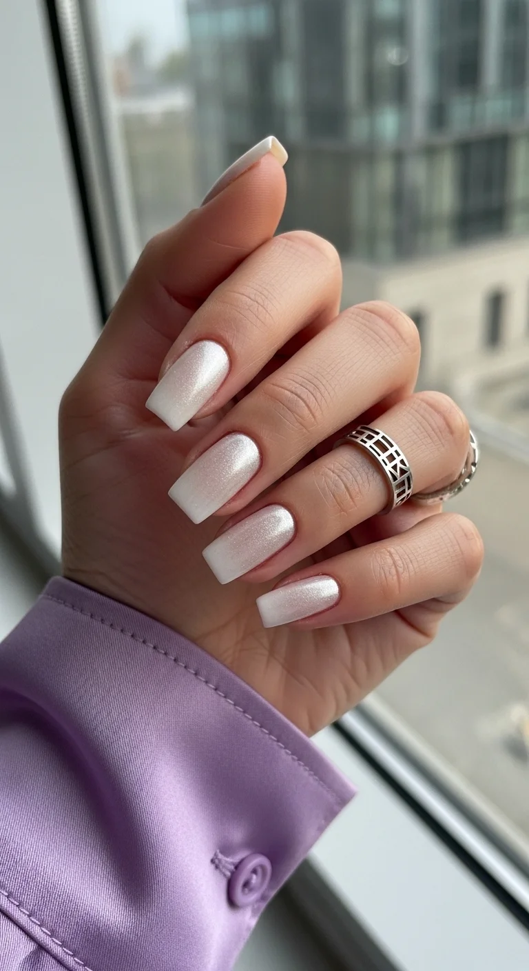 Long square nails with a shimmery pearlescent ombre.