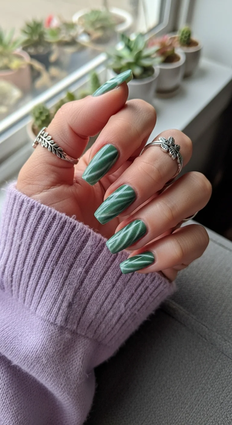 Long square nails with forest green base and white 'leaf vein' marble art.