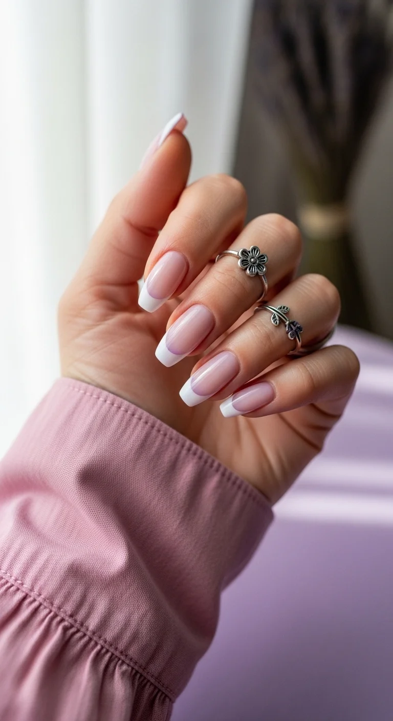 Classic white French tips on a clean pink base.