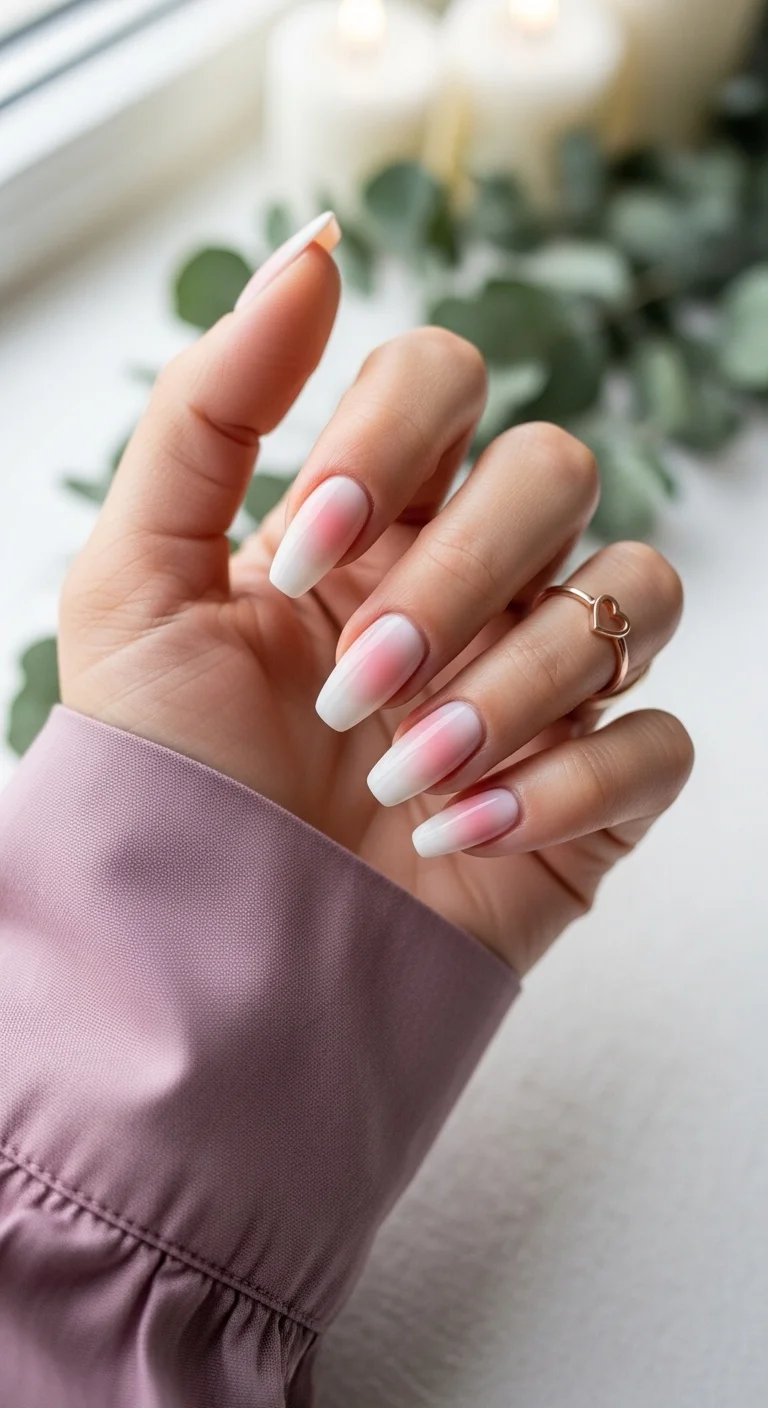 Square nails with a pink aura center and white gradient edges.