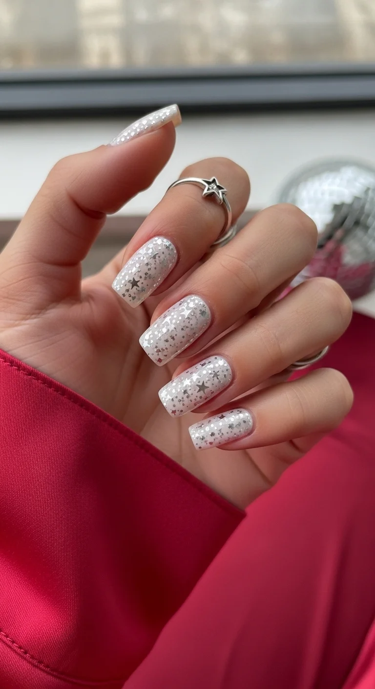 Square nails with white base, silver glitter, and small silver stars.