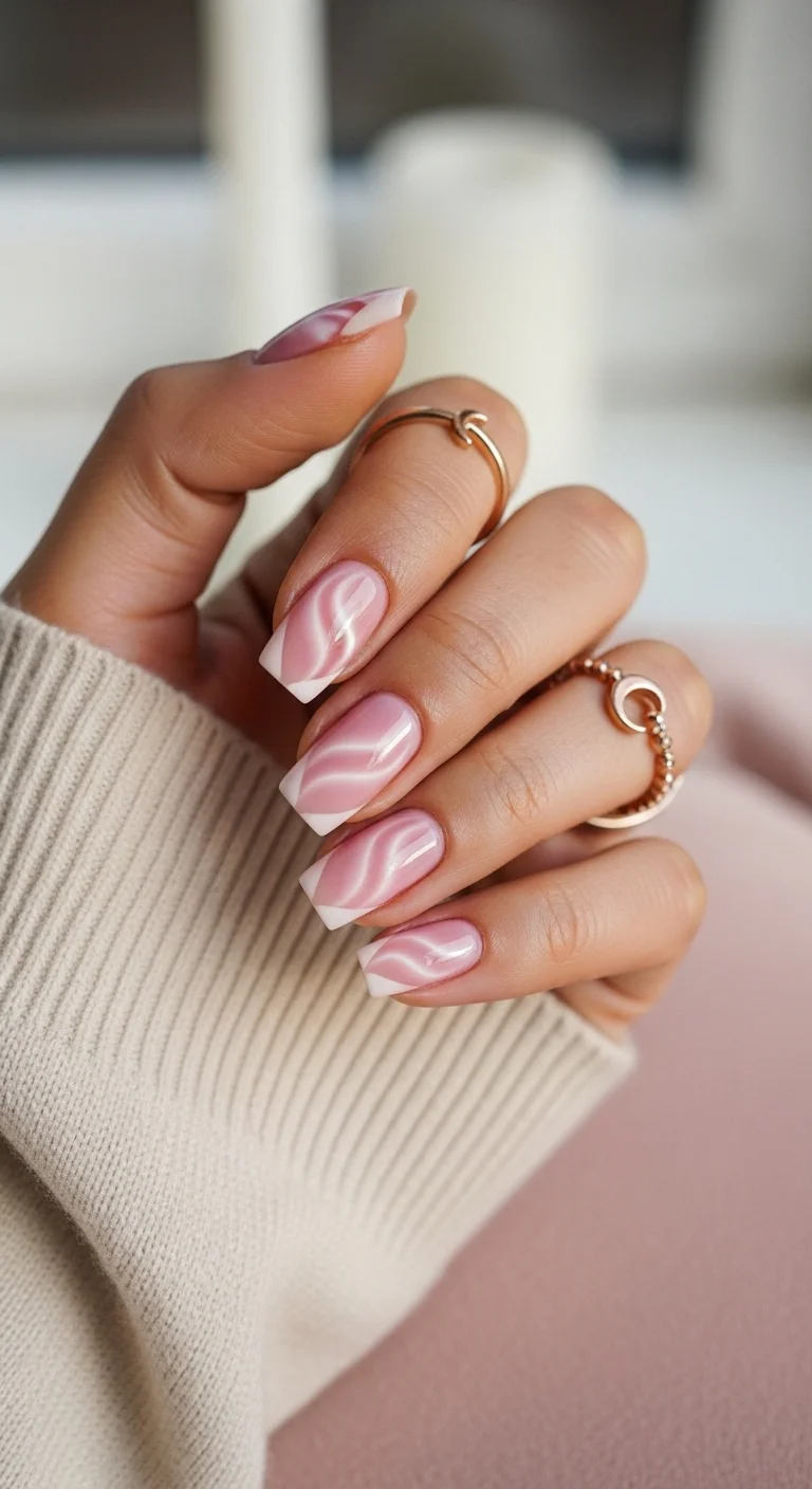Square nails with pink milky base and white swirly French tips.