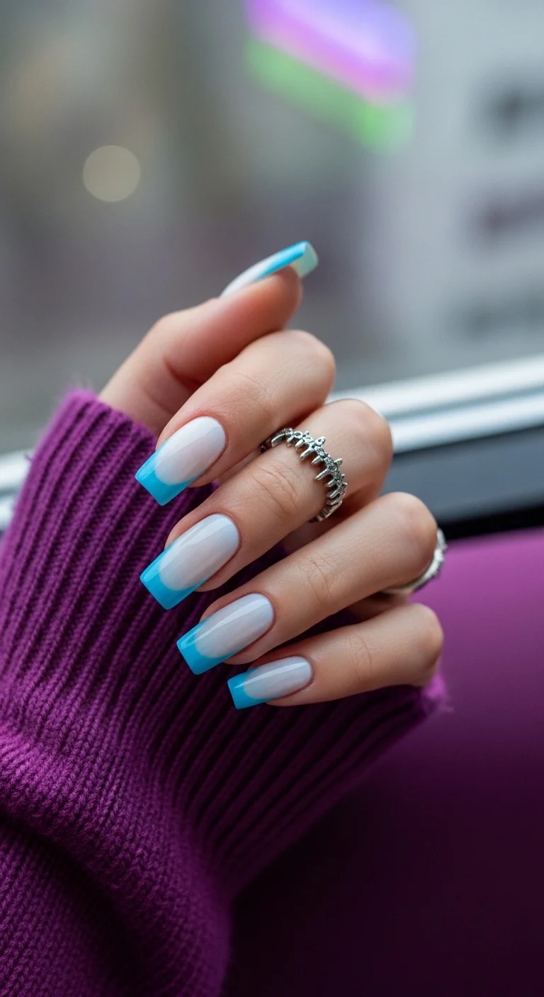 Long square nails with milky base and bright blue French tips.