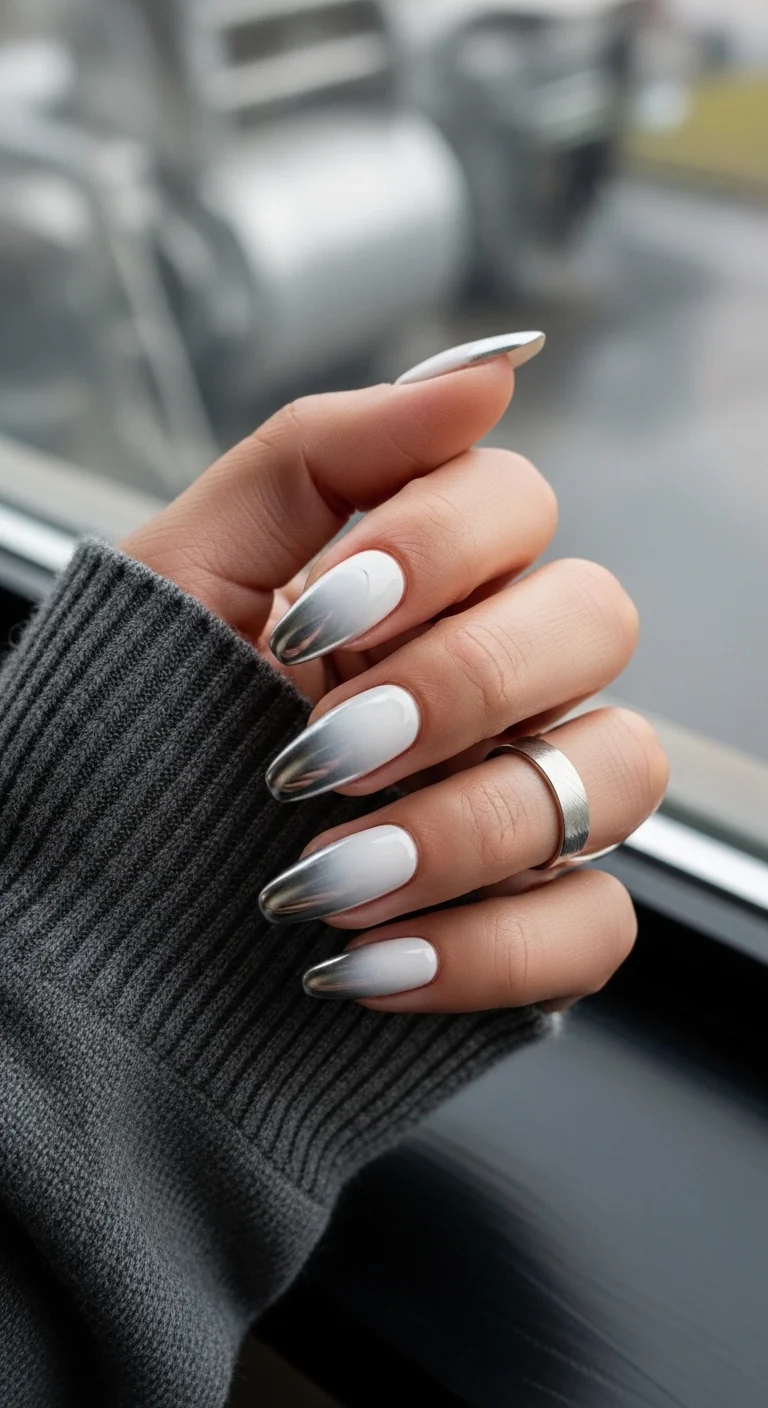 Almond nails with a gradient from white to silver chrome.