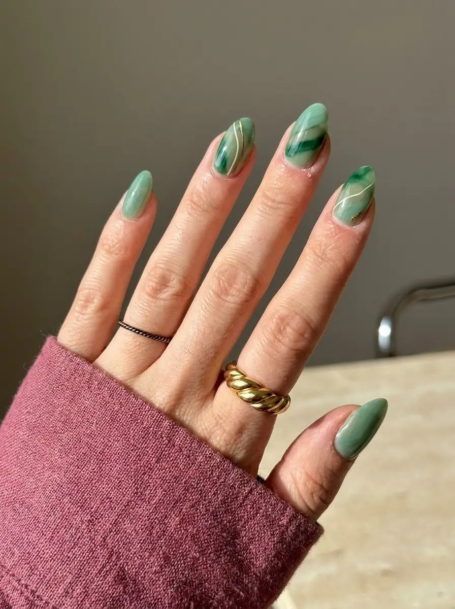 Sage Green Swirl and Gold Line Nails