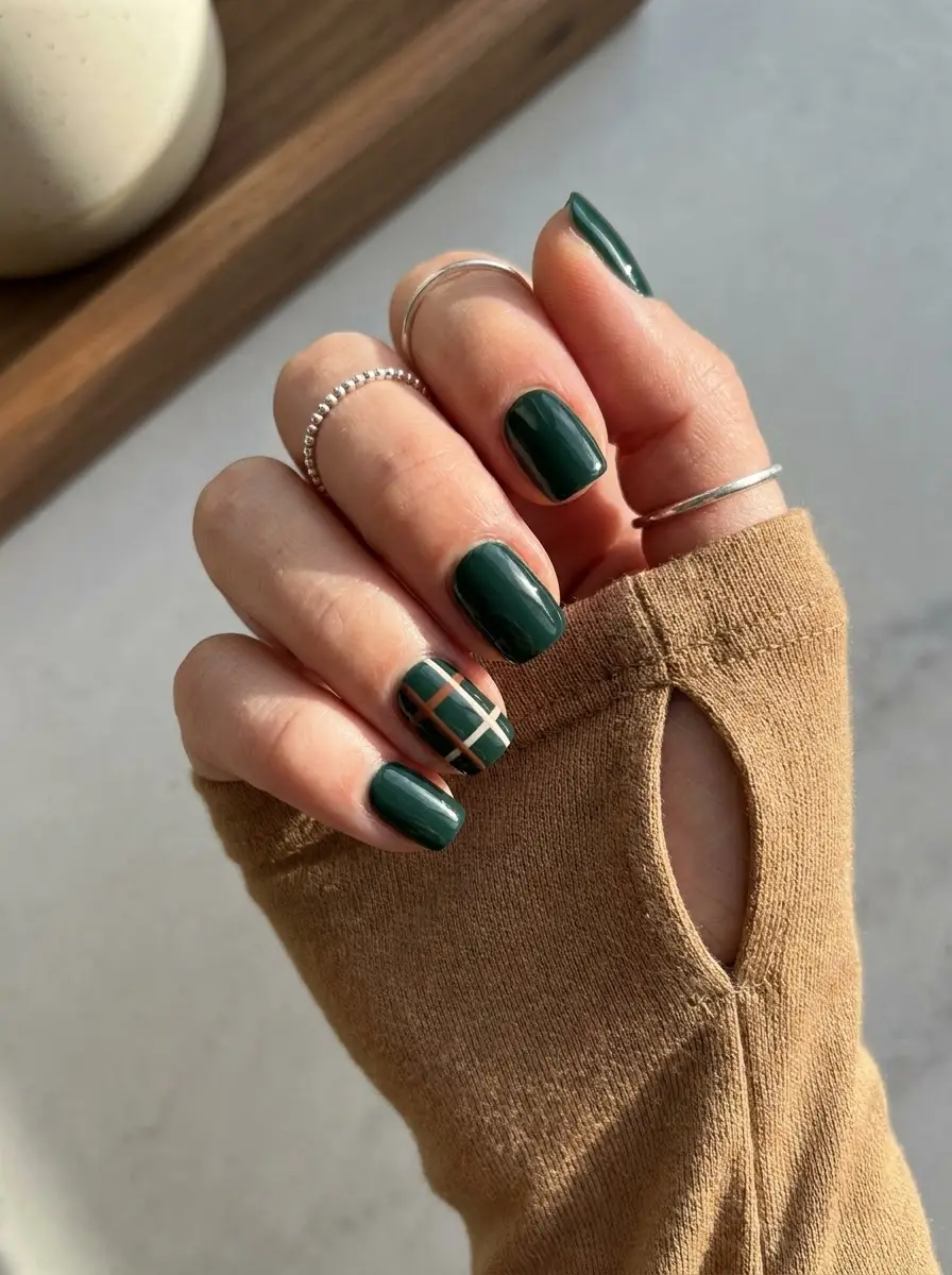 Dark Emerald Green Plaid Accent Nails
