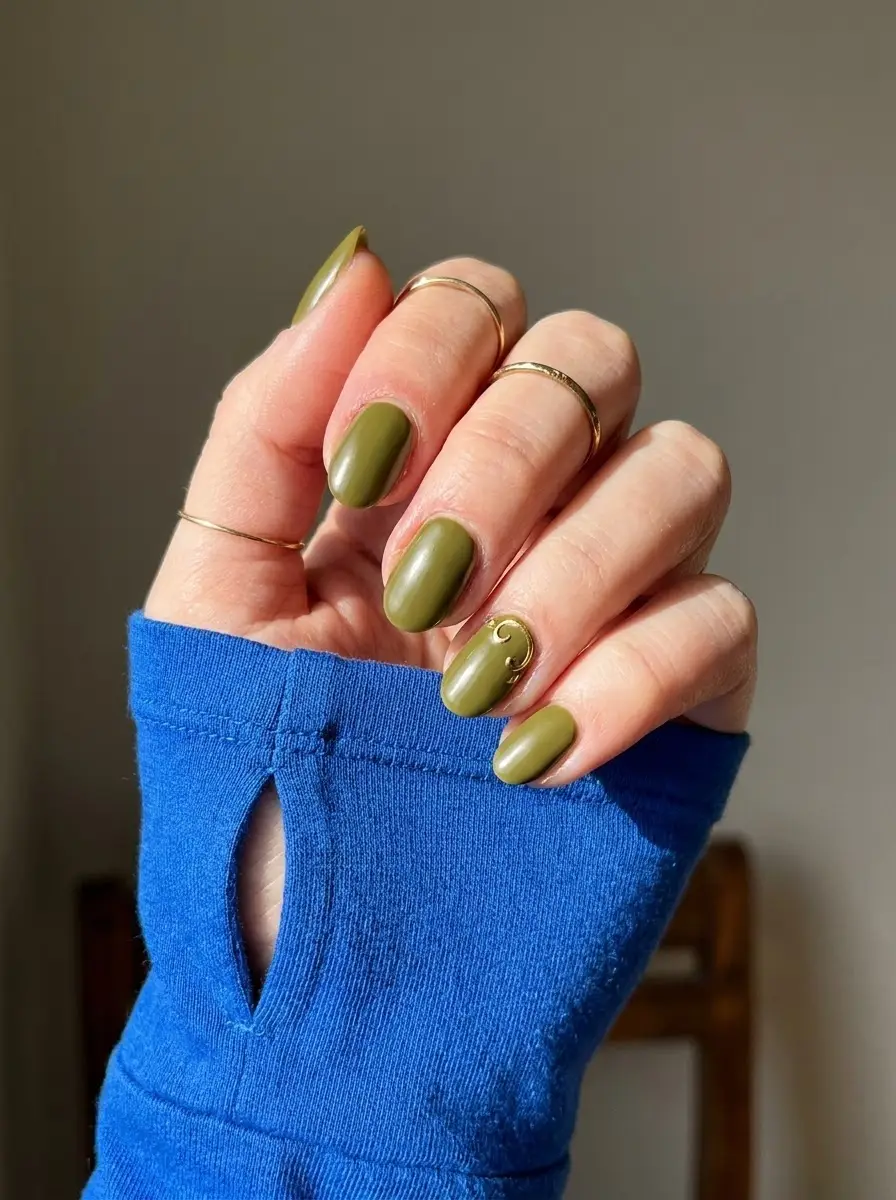 Olive Green Nails With Gold Swirl Accent