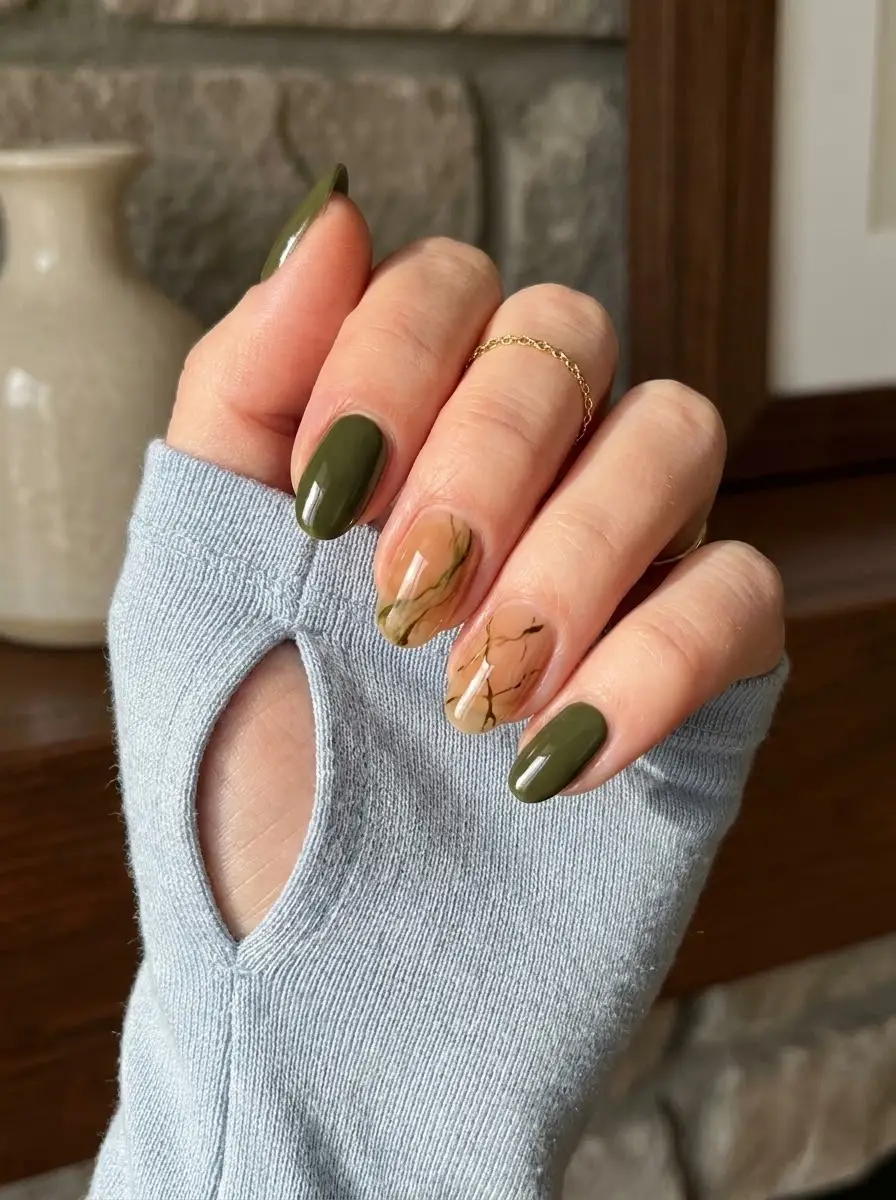 Forest Green Nails With Beige Marble Accents