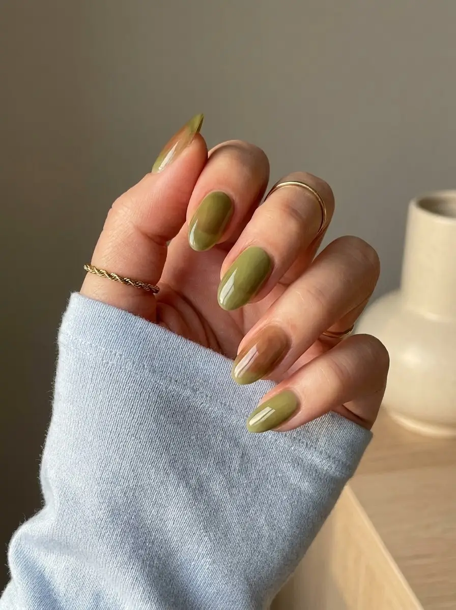 Moss Green Nails With Brown Ombré Accents