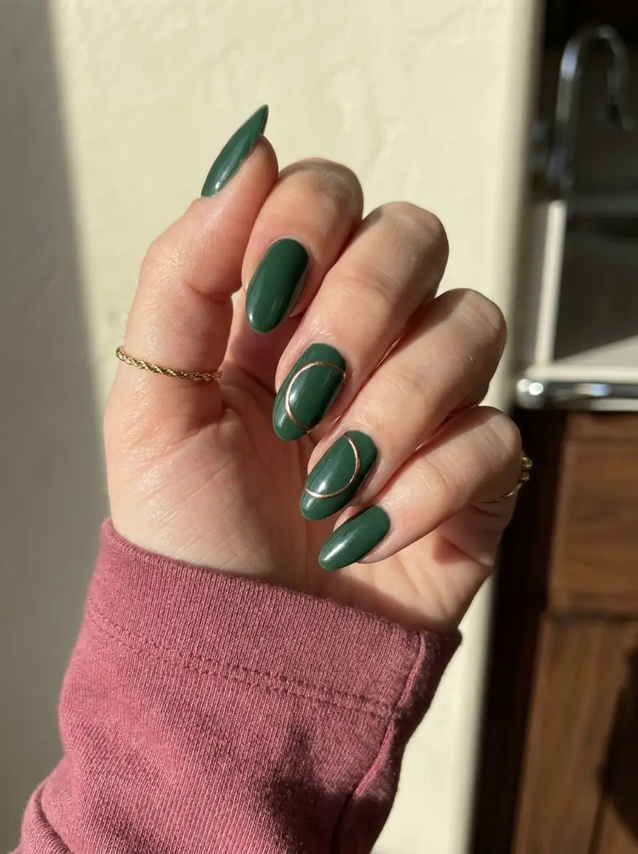 Deep Teal Green Nails With Rose-Gold Curves