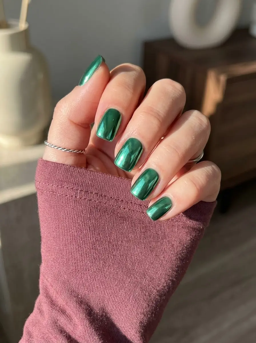 Emerald Green Chrome Nails