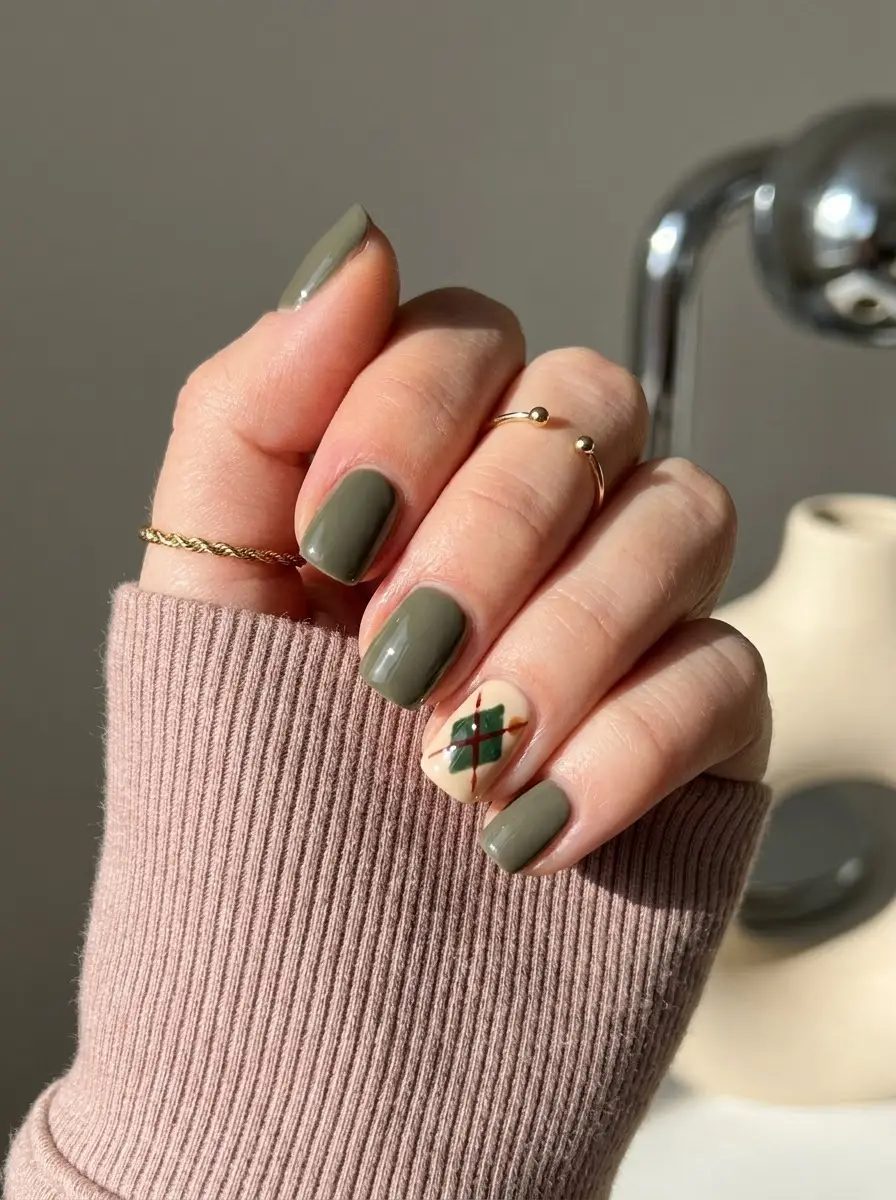 Olive Green Nails With Plaid Accent
