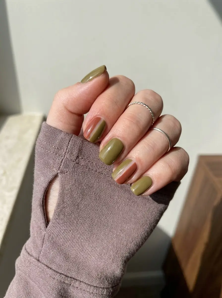 Olive Green Nails With Nude Stripe Accents