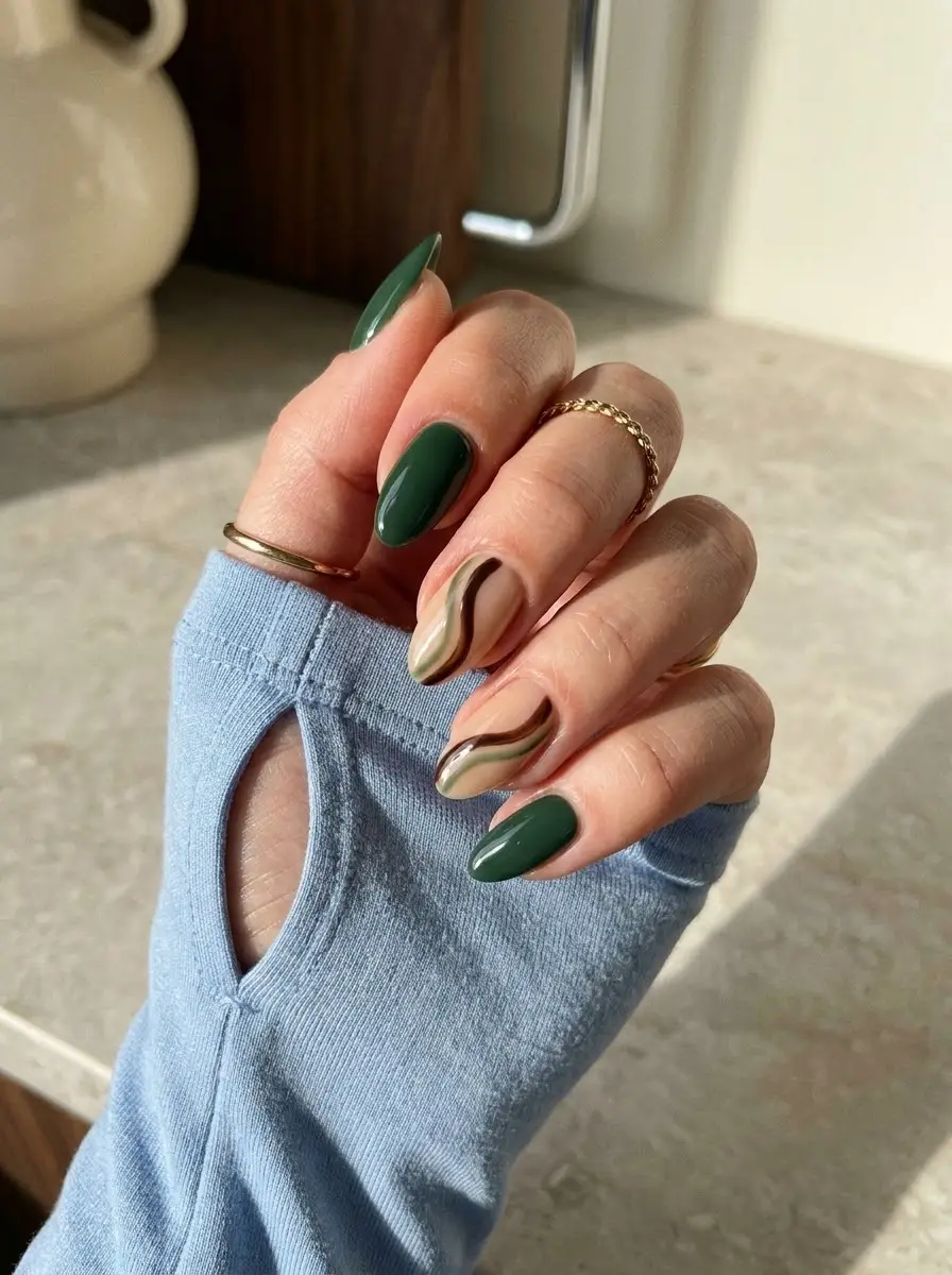 Dark Green Nails With Neutral Swirl Accents