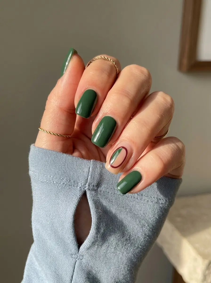 Dark Green Nails With Minimal Half-Moon Accent
