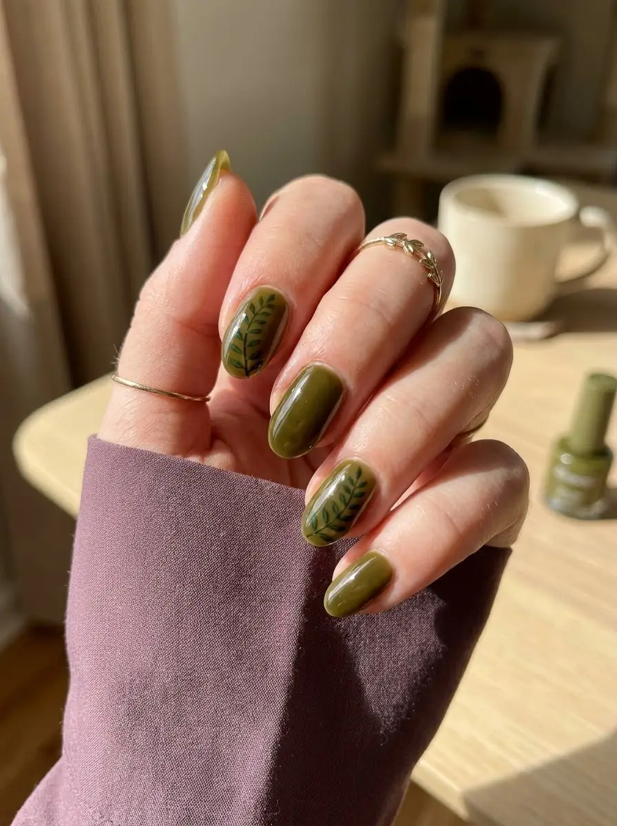 Olive Green Botanical Leaf Nails