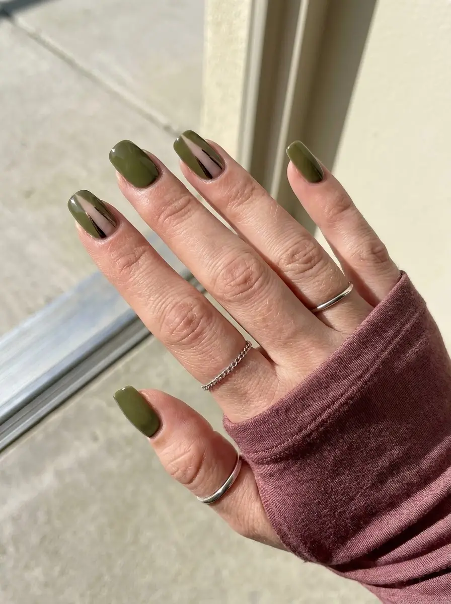 Olive Green Nails With Sheer Line Accents