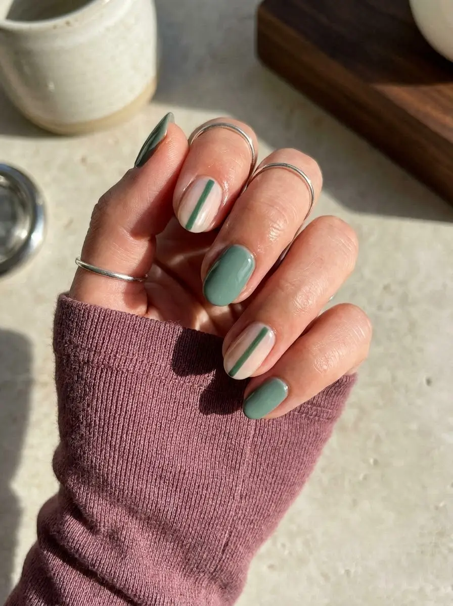 Sage Green Nails With Minimal Stripe Accents