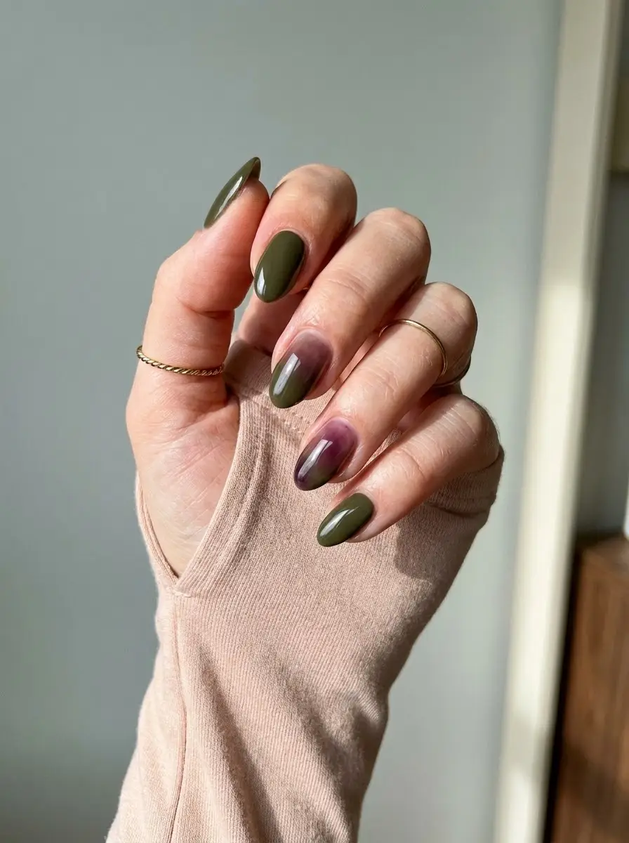 Olive Green and Plum Ombré Nails