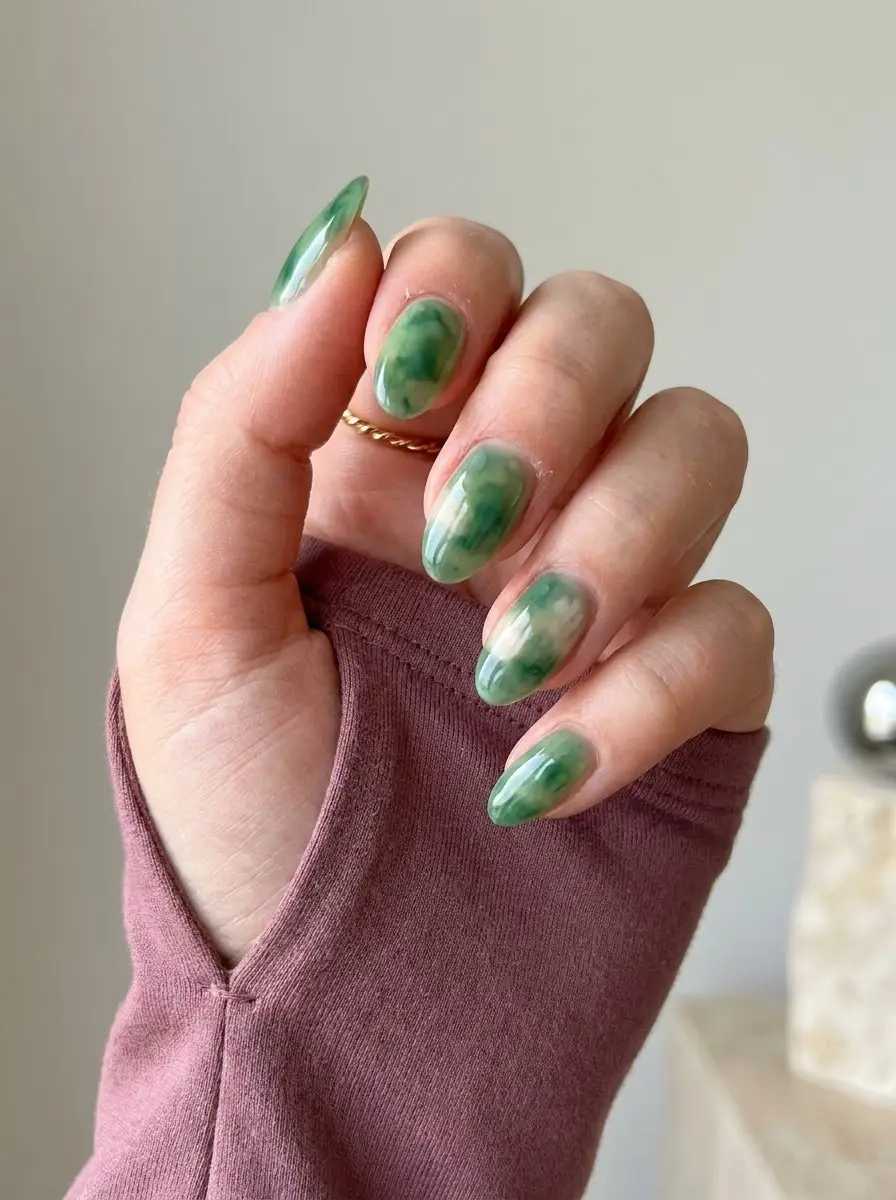 Jade Green Watercolor Swirl Nails