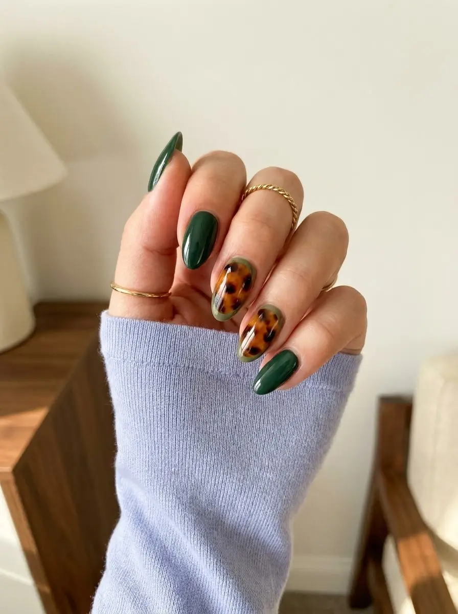 Dark Green Nails With Tortoiseshell Accents
