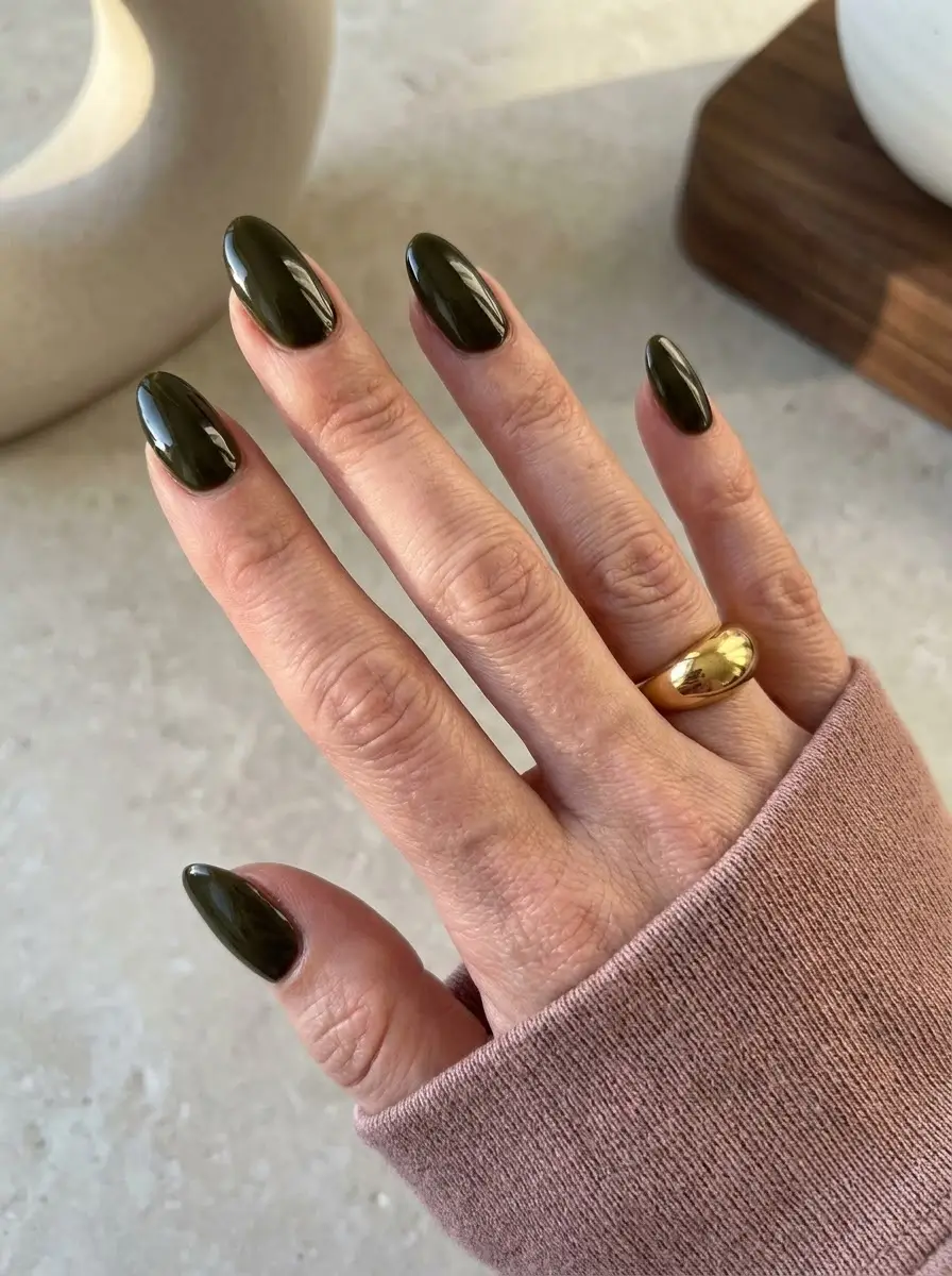 Glossy Dark Olive Green Nails