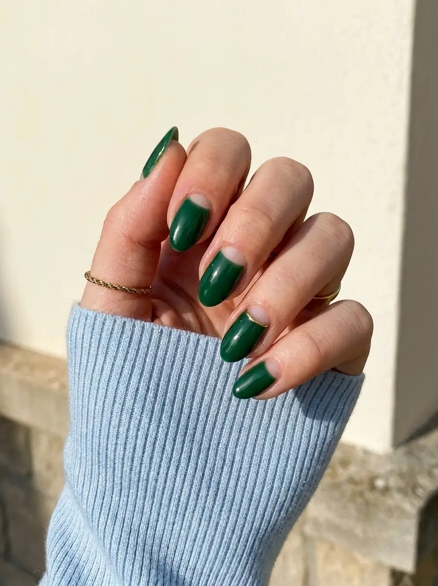Emerald Green Nails With Gold Half-Moon Details
