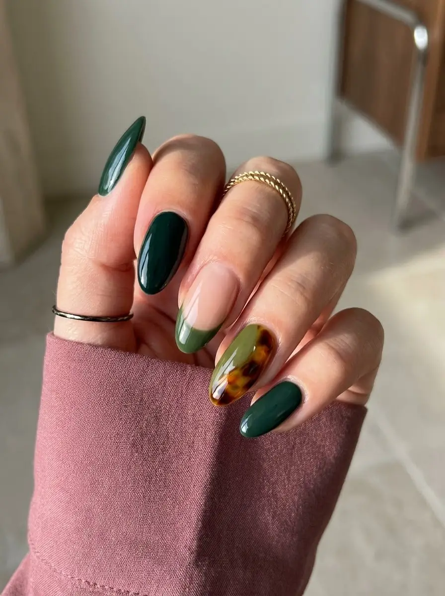 Emerald French Tips With Tortoiseshell Accent