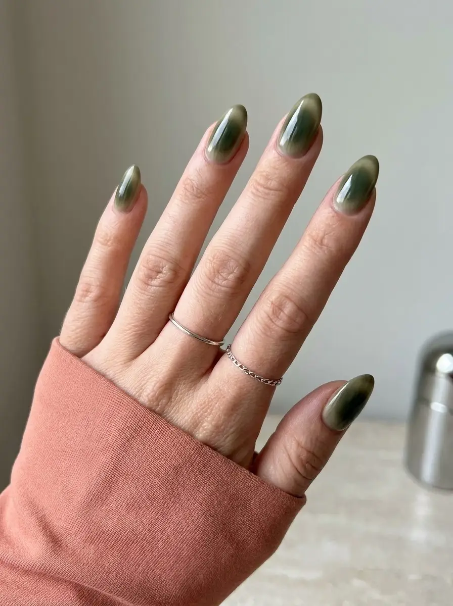 Smoky Olive Green Cat-Eye Nails