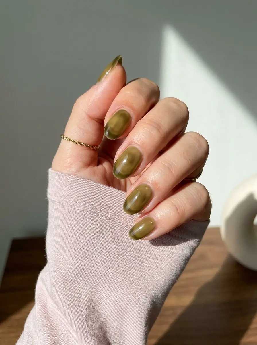 Olive Green Glass Swirl Nails