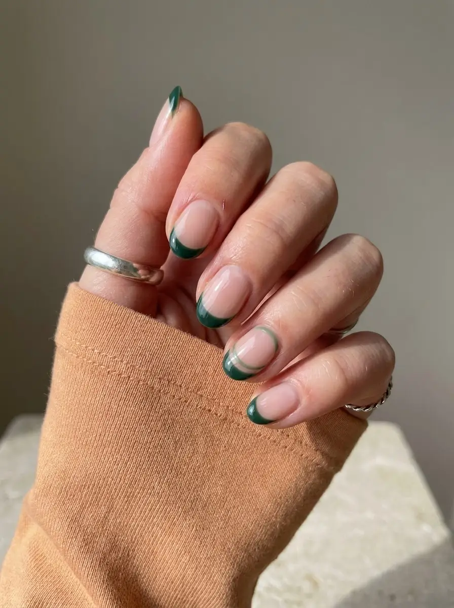 Sheer Nude Nails With Dark Green French Tips