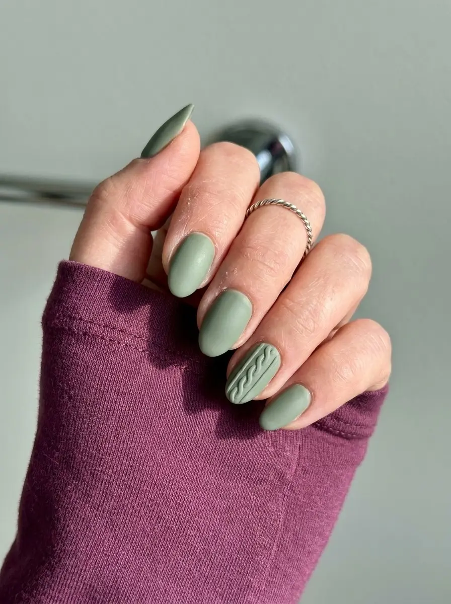 Sage Green Cable-Knit Accent Nails