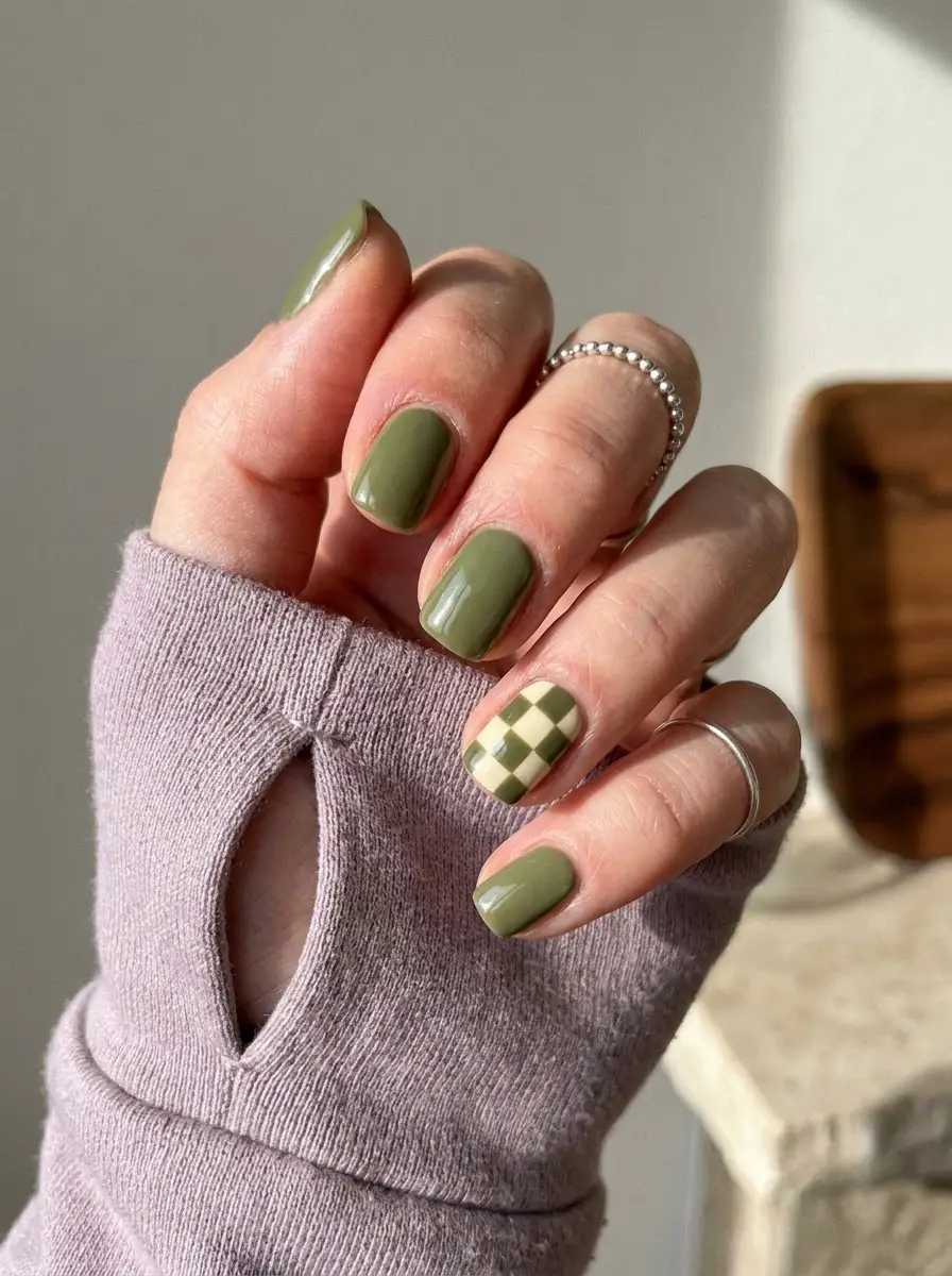 Olive Green Checkered Accent Nails