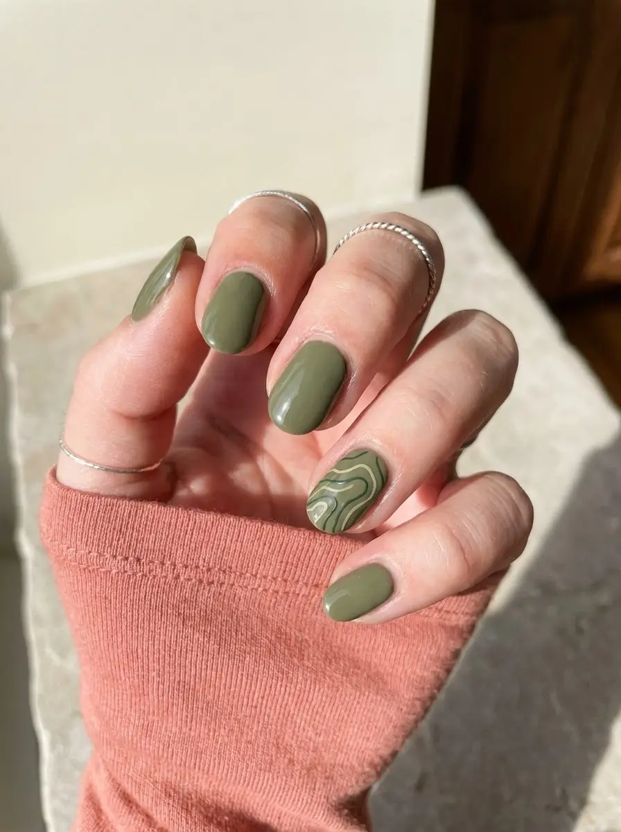 Olive Green Swirl Accent Nails