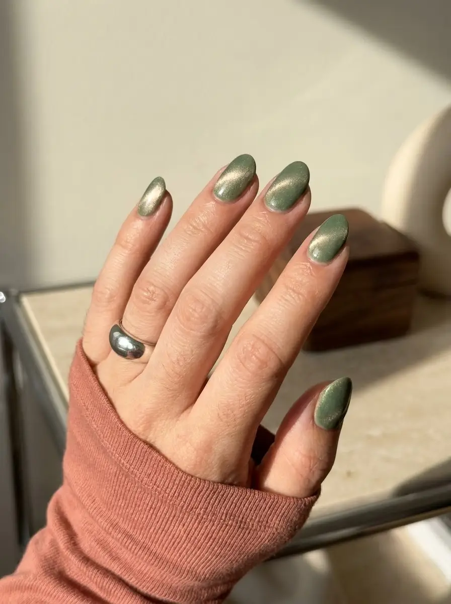Olive Green Cat-Eye Nails