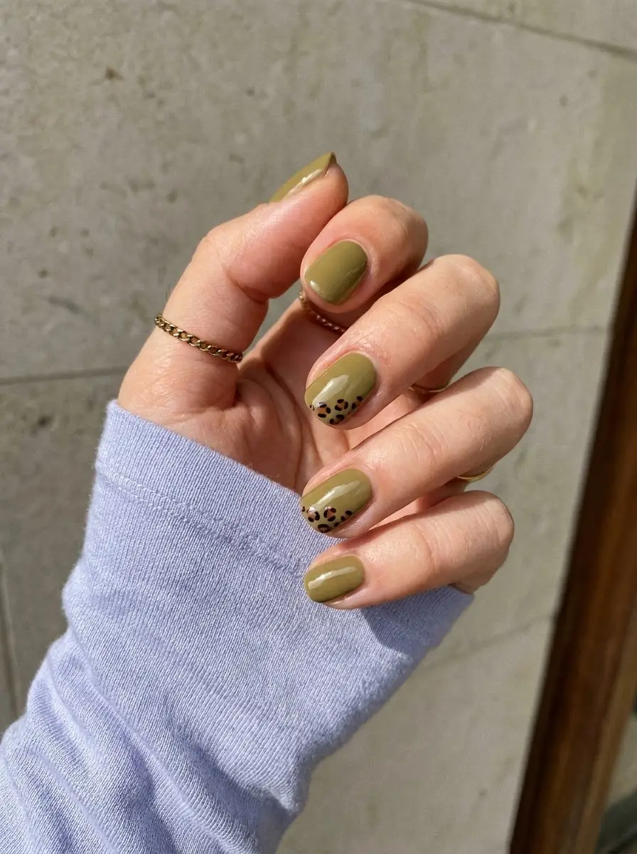 Olive Green Leopard Accent Nails
