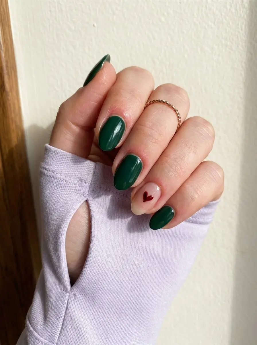 Dark Green Nails With a Tiny Heart Accent