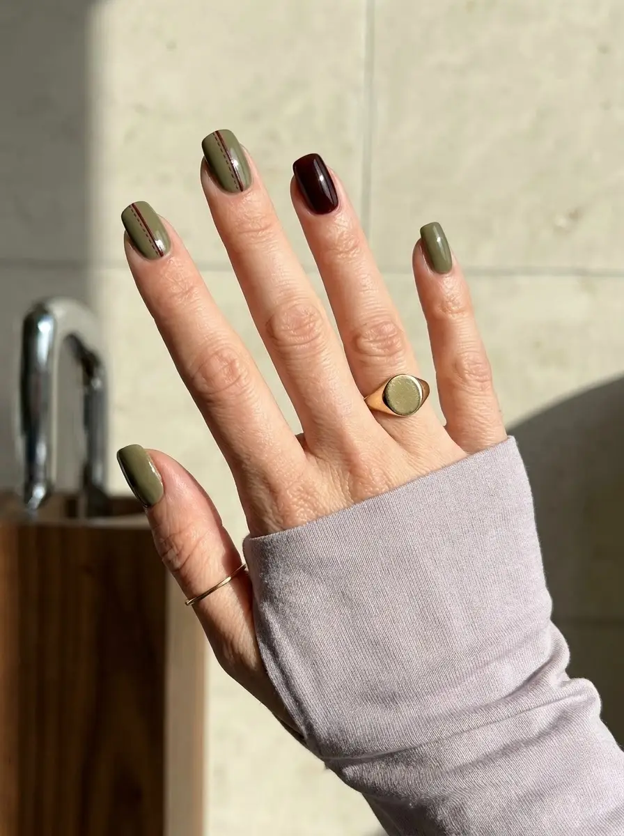 Olive Green and Burgundy Fall Nails