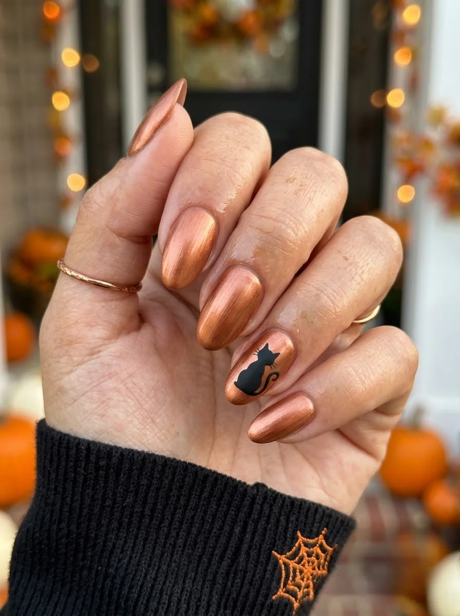 Almond nails with a metallic copper chrome finish and a black cat silhouette on the ring finger.