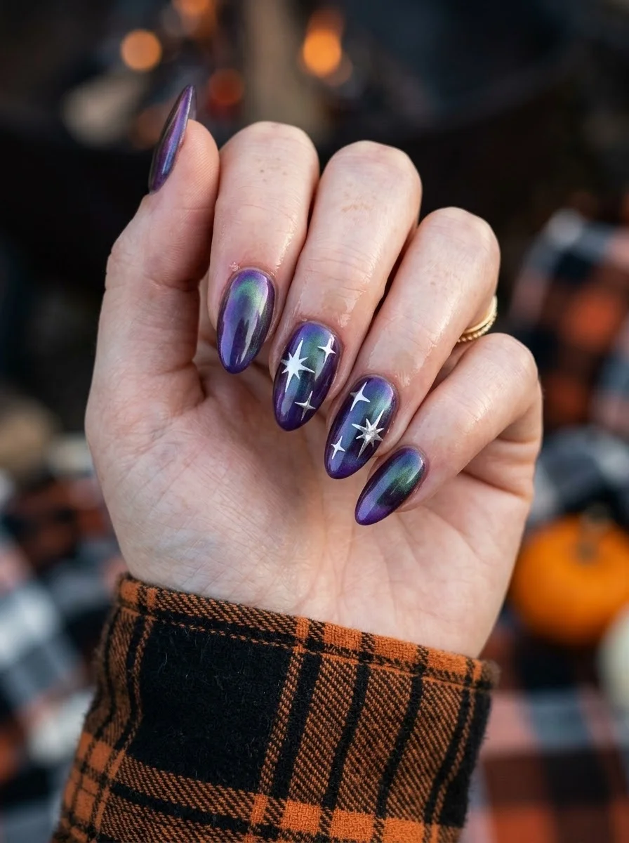 Almond nails with a purple chrome aurora finish and silver starburst designs on accent nails.