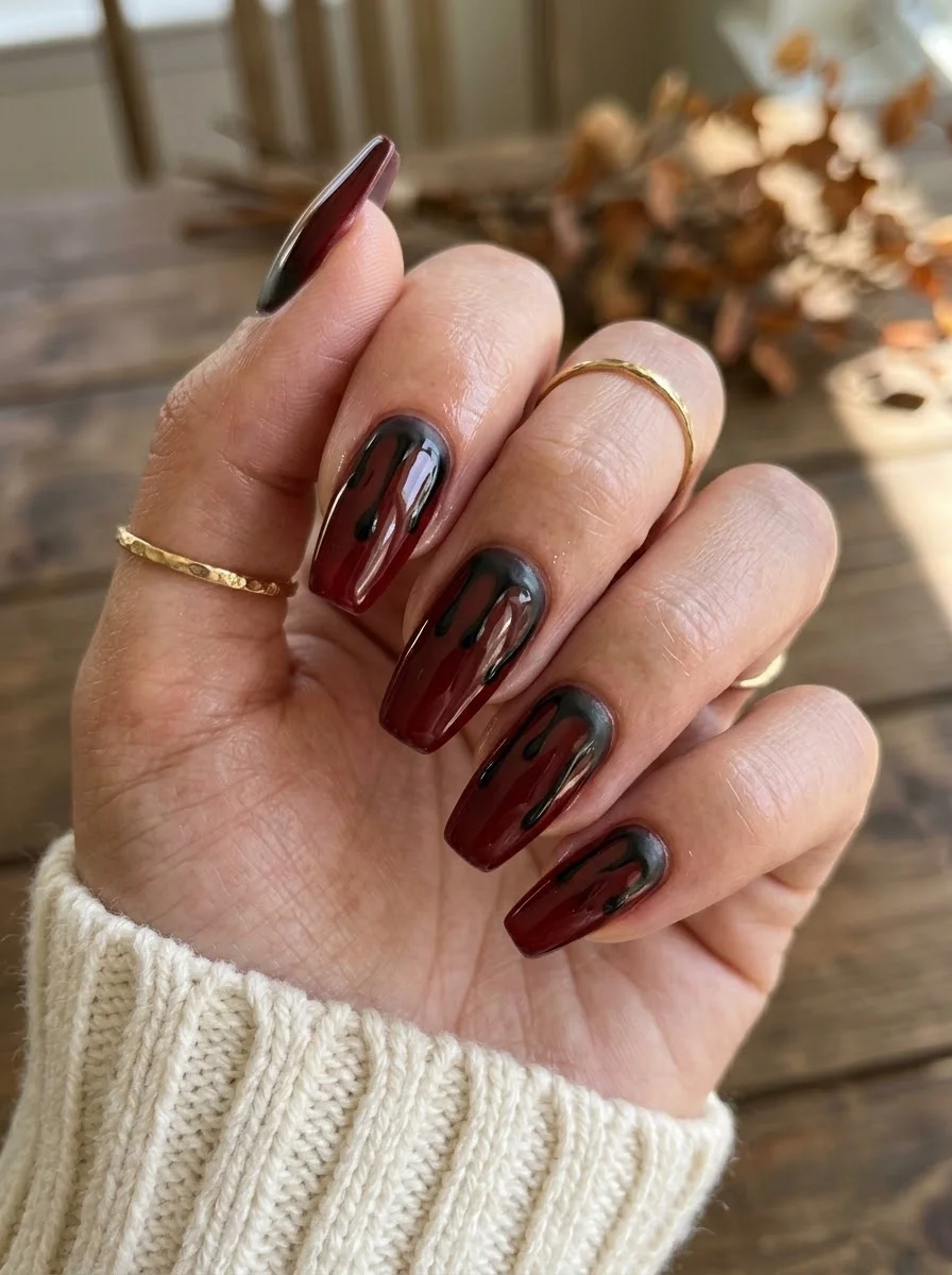 Deep wine burgundy coffin nails with glossy black drips extending from the tips.
