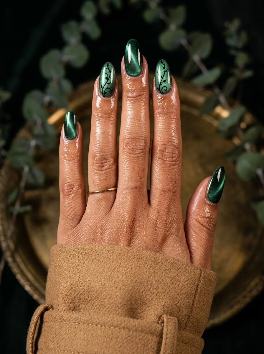 Dark emerald green cat-eye almond nails with black vine and leaf designs on two accent nails.