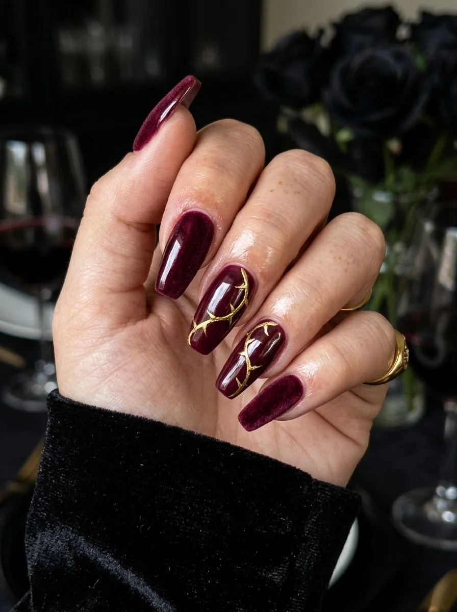Deep burgundy velvet coffin nails with gold metallic swirl and branch designs on accent nails.